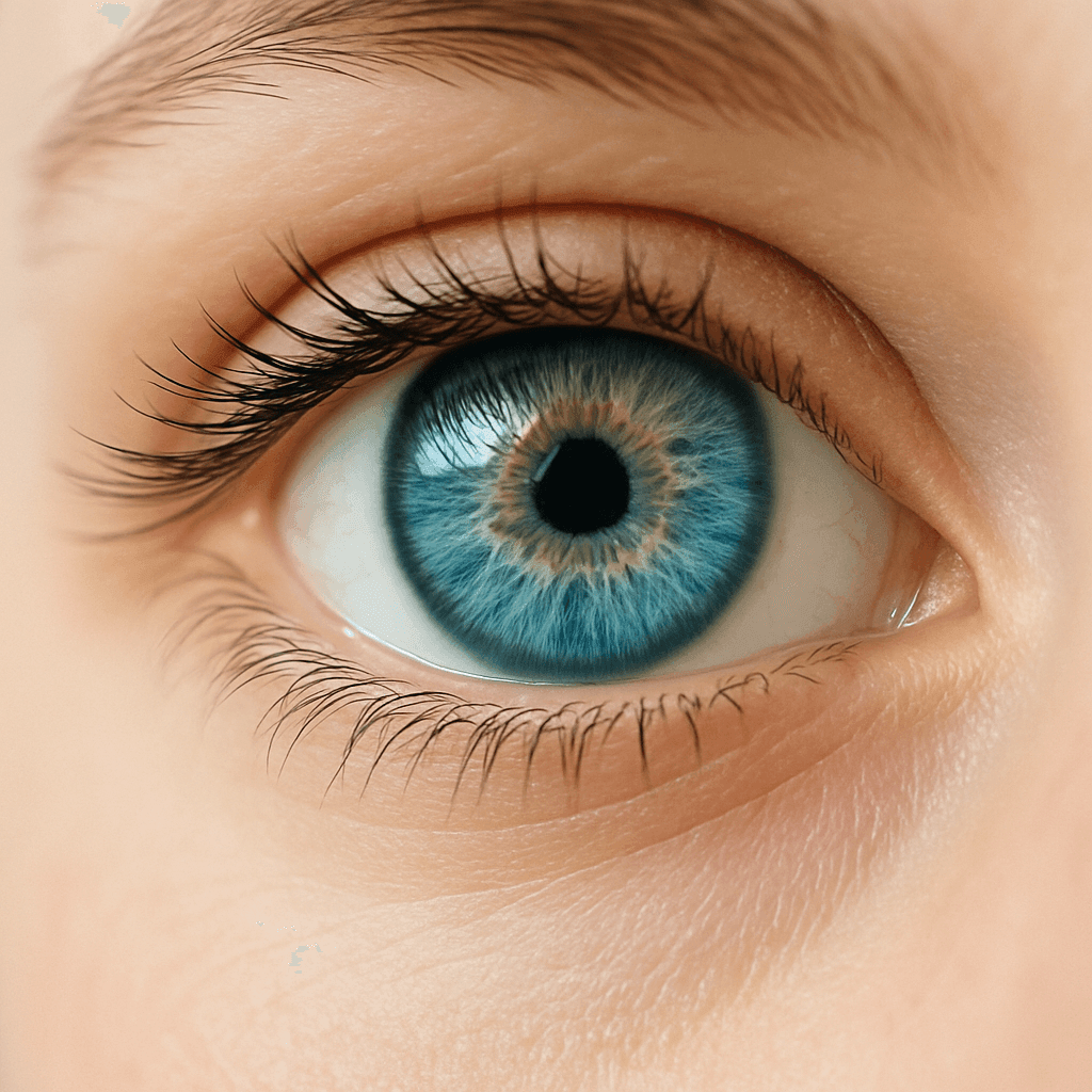 Close-up of a blue eye with detailed iris and eyelashes.