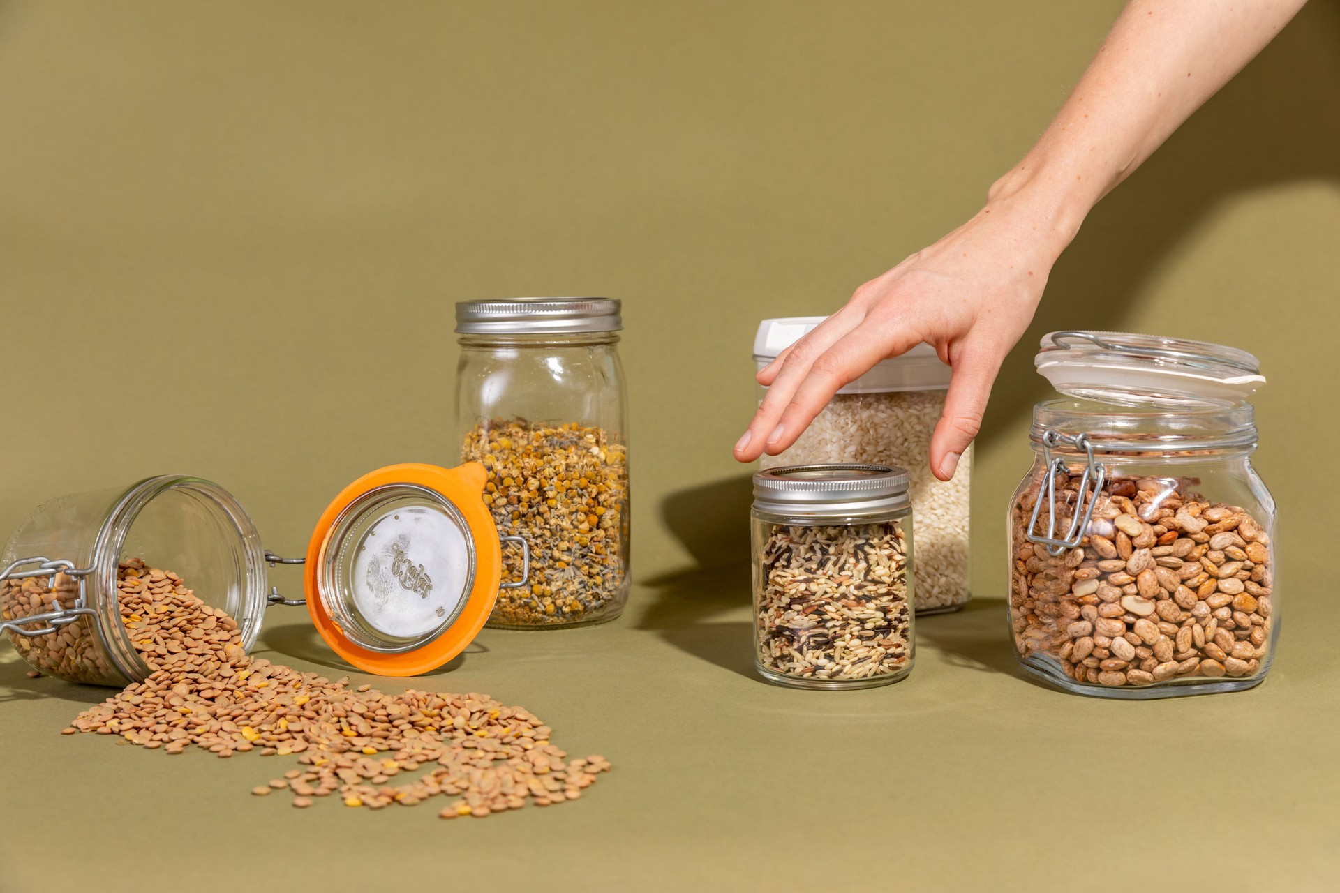 Still Life Scene of Various Pantry Items in Reuseable Containers